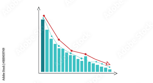 Business infographic showing a financial bar chart with a red arrow pointing downwards to represent a market decline.