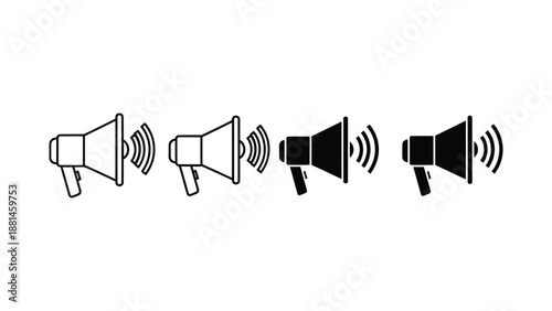 Four iconographic representations of a megaphone with sound waves emanating from it.