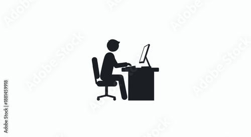 Black silhouette of a person sitting at a desk and working on a computer representing office work or remote business.