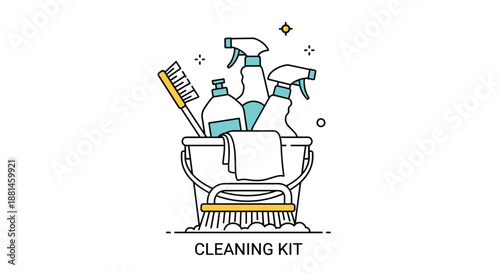 Cleaning kit concept featuring a bucket filled with various cleaning supplies like spray bottles brushes and a cloth.