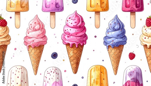 Colorful Watercolor Ice Cream Cones and Popsicles Pattern.
