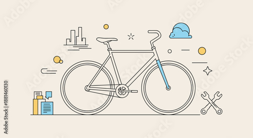 Detailed bicycle outline illustration is surrounded by various city life and maintenance icons like buildings, clouds, and wrenches.