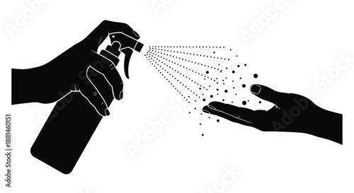 Silhouette illustration depicts one hand spraying liquid sanitizer onto another hand to represent hand hygiene and germ protection.