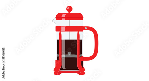 Traditional red French press coffee maker is filled with dark roasted coffee and features a classic design for morning brew concepts.