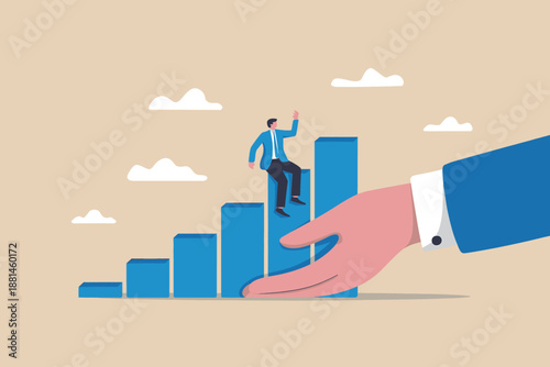 Business support and mentorship concept showing a hand helping a man climb a growth chart