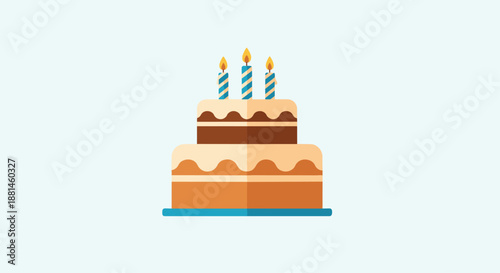 Delicious two tier chocolate and vanilla birthday cake is decorated with wavy icing and three striped candles on a light background.