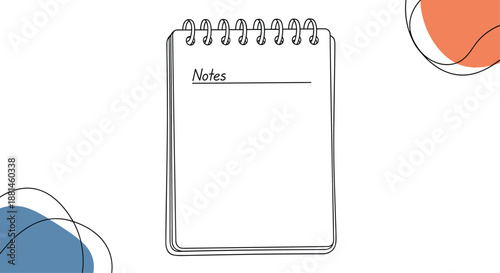 Blank spiral notebook with the word notes written on the first page is surrounded by abstract colorful shapes on a white background.