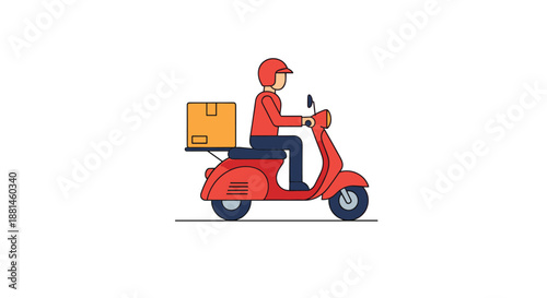 Delivery service illustration features a courier riding a red motor scooter with a cardboard box on the back for fast shipping.
