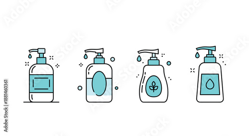 Set of four different liquid soap pump bottle icons feature various shapes and light blue accents for cleaning and bath products.