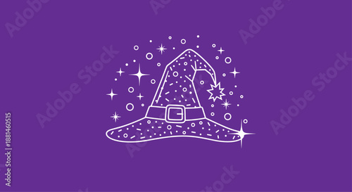 Enchanting white line art of a wizard or witch hat surrounded by stars and sparkles on a vibrant purple background for magic themes.