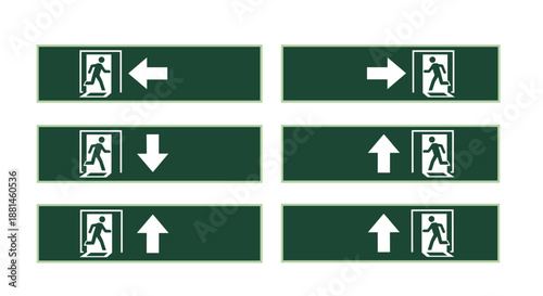 Collection of emergency exit sign icons with arrows pointing in various directions on a dark green background for safety guidance.