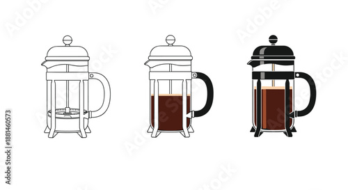Series of three french press icons in different styles, from line art to fully shaded, showing coffee brewing levels.
