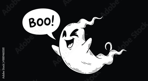 Playful white ghost character winking and saying boo in a speech bubble on a solid black background for halloween fun.