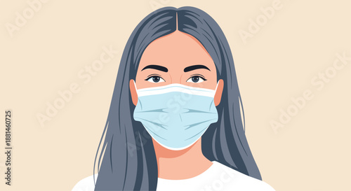 Portrait of a young woman with long dark hair wearing a protective light blue surgical face mask to prevent the spread of respiratory illness germs.