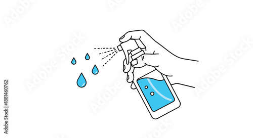 Line drawing showing a human hand operating a spray bottle to dispense blue liquid droplets for cleaning or sanitizing household surfaces effectively.