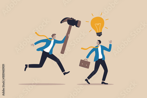 Man with hammer chasing idea lightbulb, business concept illustration