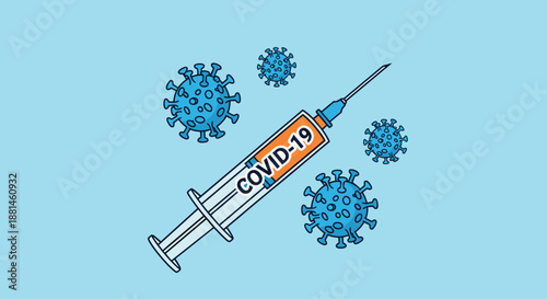 Medical illustration of a covid-19 vaccine syringe surrounded by blue virus particles against a light blue background for public health awareness.