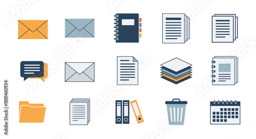 Diverse set of fifteen office and file management icons in a color palette of orange blue and gray for business and workspace organization needs.