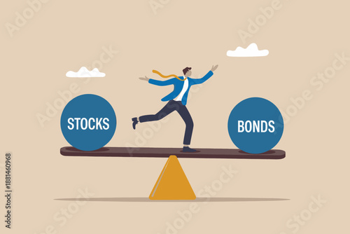 Man balancing between stocks and bonds on a seesaw