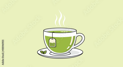 Steaming cup of green tea with a tea bag and mint leaves on a light green background illustrating a healthy drink habit.