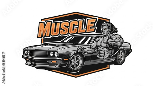Muscle Car and Muscular Man Illustration.