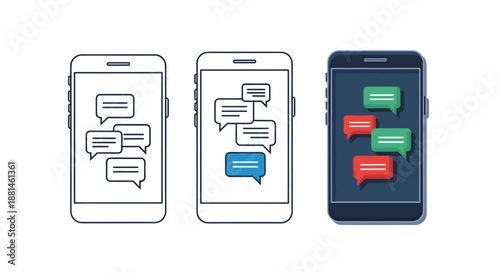 Three smartphones showing different styles of chat bubbles on their screens representing mobile data and communication.