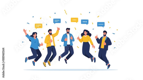 Happy People Jumping With Speech Bubbles and Confetti - Success Celebration