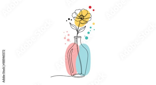 Elegant one line drawing of a flower in a vase with abstract colored shapes around it for a modern minimalist style art.