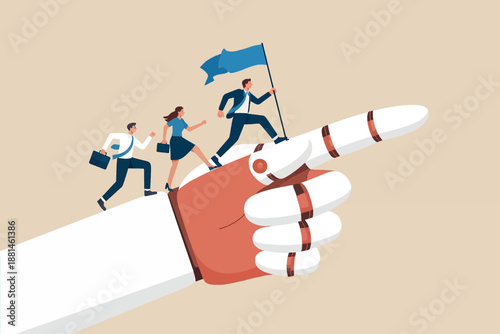 Robotic guidance: business team follows leader with flag on ai-powered path to success