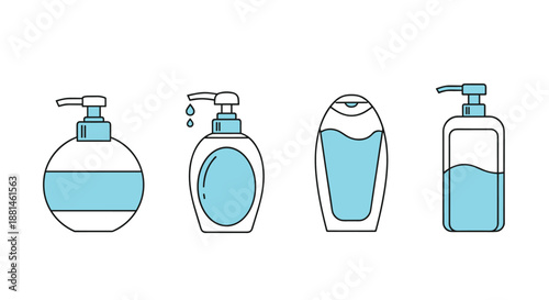 Set of various blue and white liquid soap pump bottles icons representing personal hygiene and bathroom amenities.