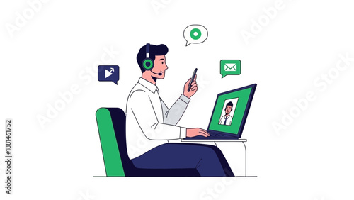 Man with headset and phone at laptop, video call, customer service, online communication