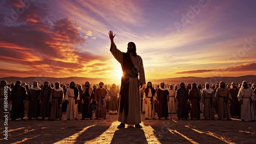 Jesus Christ extending his hand to a crowd of men at sunset for a religious gathering in a desert or field