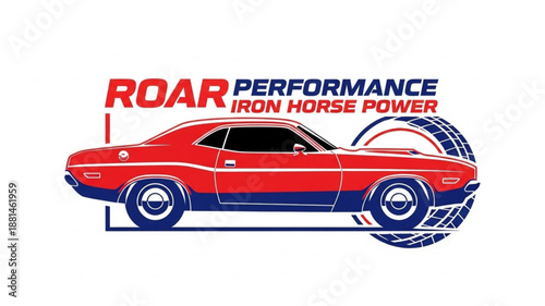 Vintage Red Muscle Car with Tire Graphic.