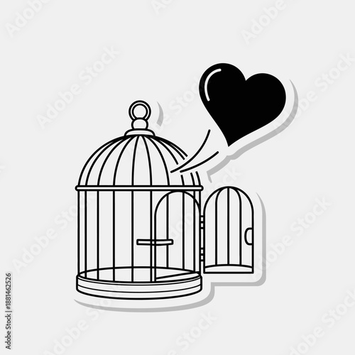 Open birdcage with heart shaped speech bubble