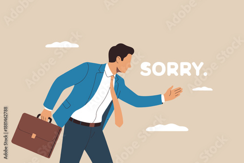 A businessman extending his hand in a gesture of apology with the word 'sorry' displayed