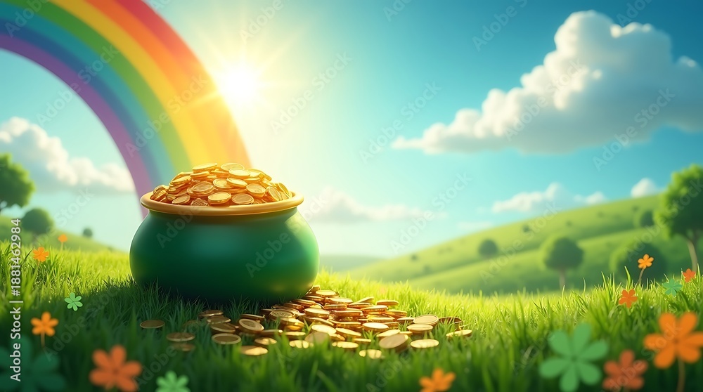 Fototapeta premium Pot of Gold on Grass with Rainbow and Sunny Sky Background