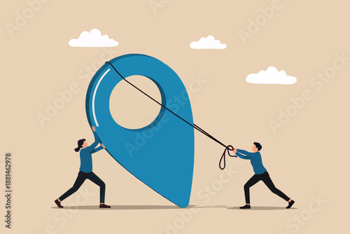 Teamwork concept: two business people pushing and pulling a giant location pin