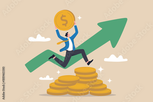 Fotografie Man celebrating success with coin and upward trending graph