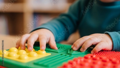 Toddler boy playing with sensory board for fine motor skills development.