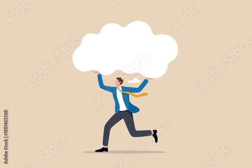 Businessman running while carrying a heavy cloud on his shoulders, symbolizing data burden
