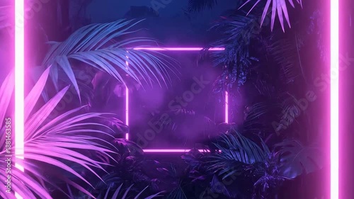 Vibrant neon square frame surrounded by lush tropical foliage, creating a captivating jungle atmosphere.
