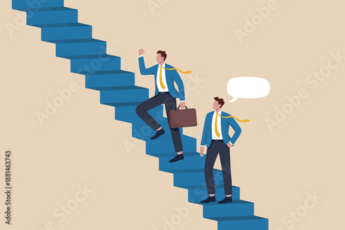 Ambitious businessman climbing steps to success while another contemplates the path
