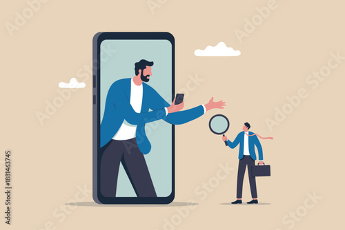 Digital interaction and search: a man seeks help from a large figure emerging from a smartphone