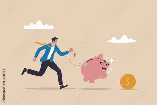 Businessman pulling a piggy bank to chase a dollar coin, symbolizing financial aspirations
