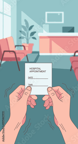 Holding a hospital appointment card in a waiting room, first-person perspective, medical care concept