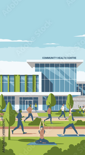 Community Health Centre exterior with people exercising outdoors in a park setting, promoting wellness and healthy lifestyle.