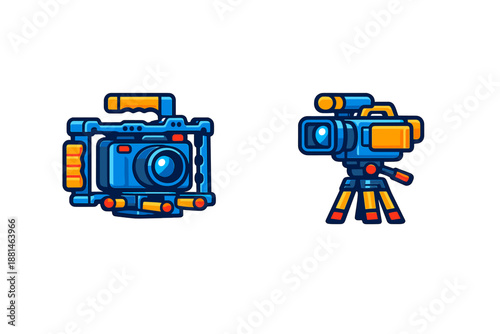 Modern blue and orange cinema camera rig and camcorder icons on tripod for film production