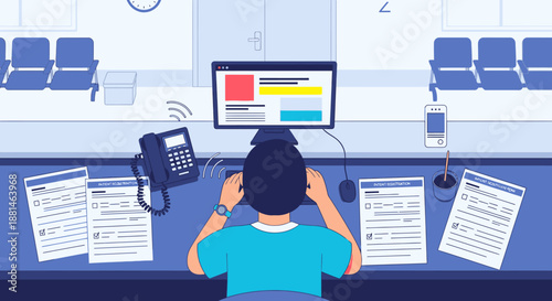 Customer service representative wearing a headset, working at a computer in a modern office or call center reception area. Flat vector illustration of administrative support.