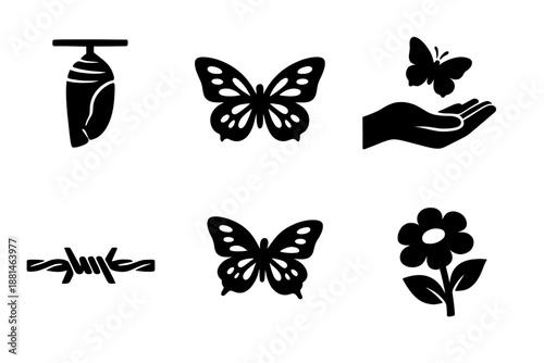 Monochromatic graphic symbols featuring butterflies, chrysalis, flower, hand, and barbed wire