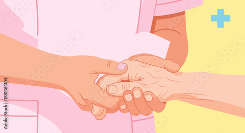 A compassionate caregiver gently holds the hand of an elderly patient, symbolizing support, empathy, and dedicated assistance in healthcare settings.